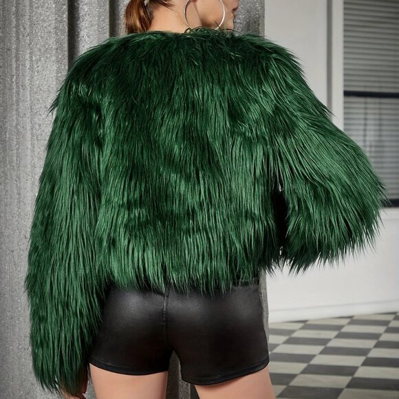 Green Fuzzy Faux Fur Open Front Crop Jacket - Picture 2 of 5